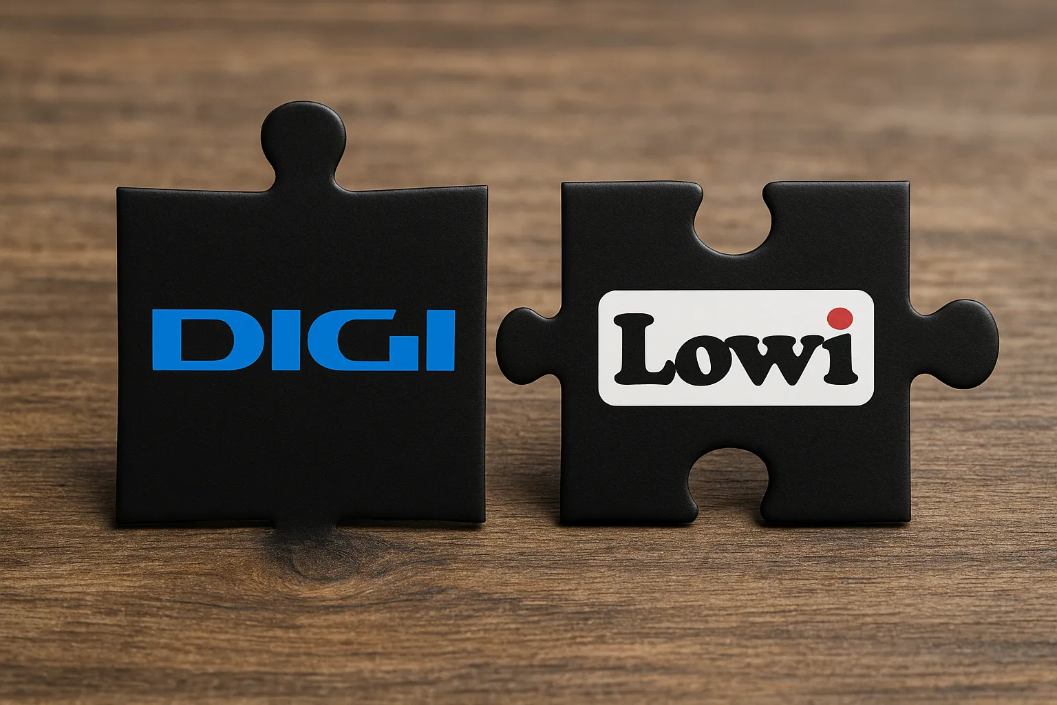 Piezas de puzle con los logos de DIGI y Lowi sobre una mesa, simbolizando la comparación entre ambos operadores low cost del mercado español.