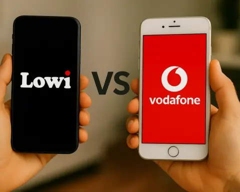 Smartphones comparando cobertura entre Lowi y Vodafone con logos de marca