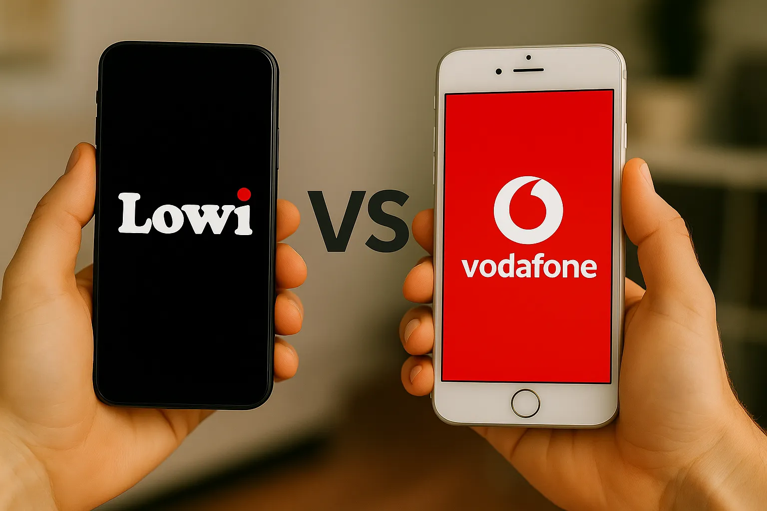 Smartphones comparando cobertura entre Lowi y Vodafone con logos de marca
