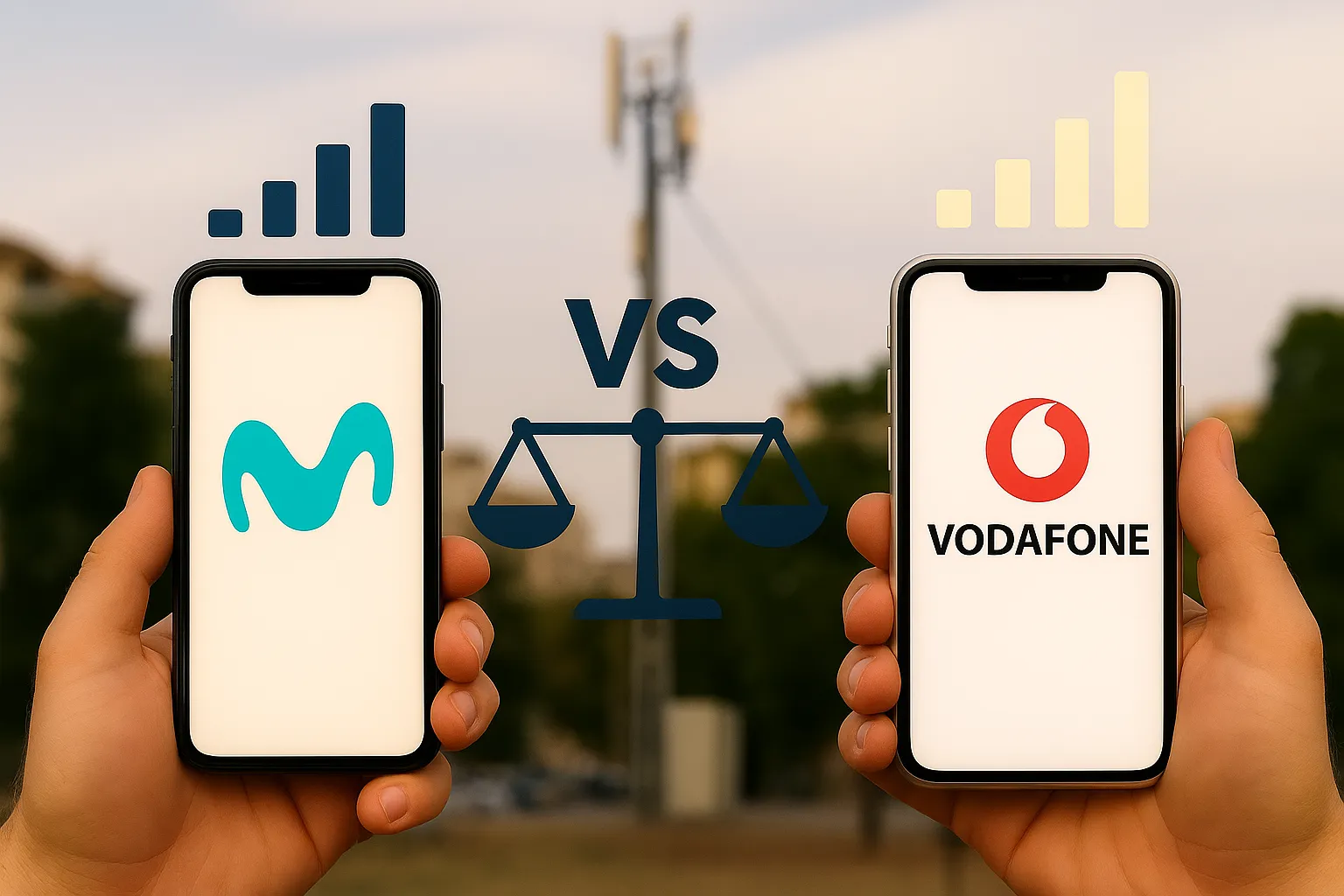 Comparativa de cobertura móvil entre Movistar y Vodafone con iconos y señal visual