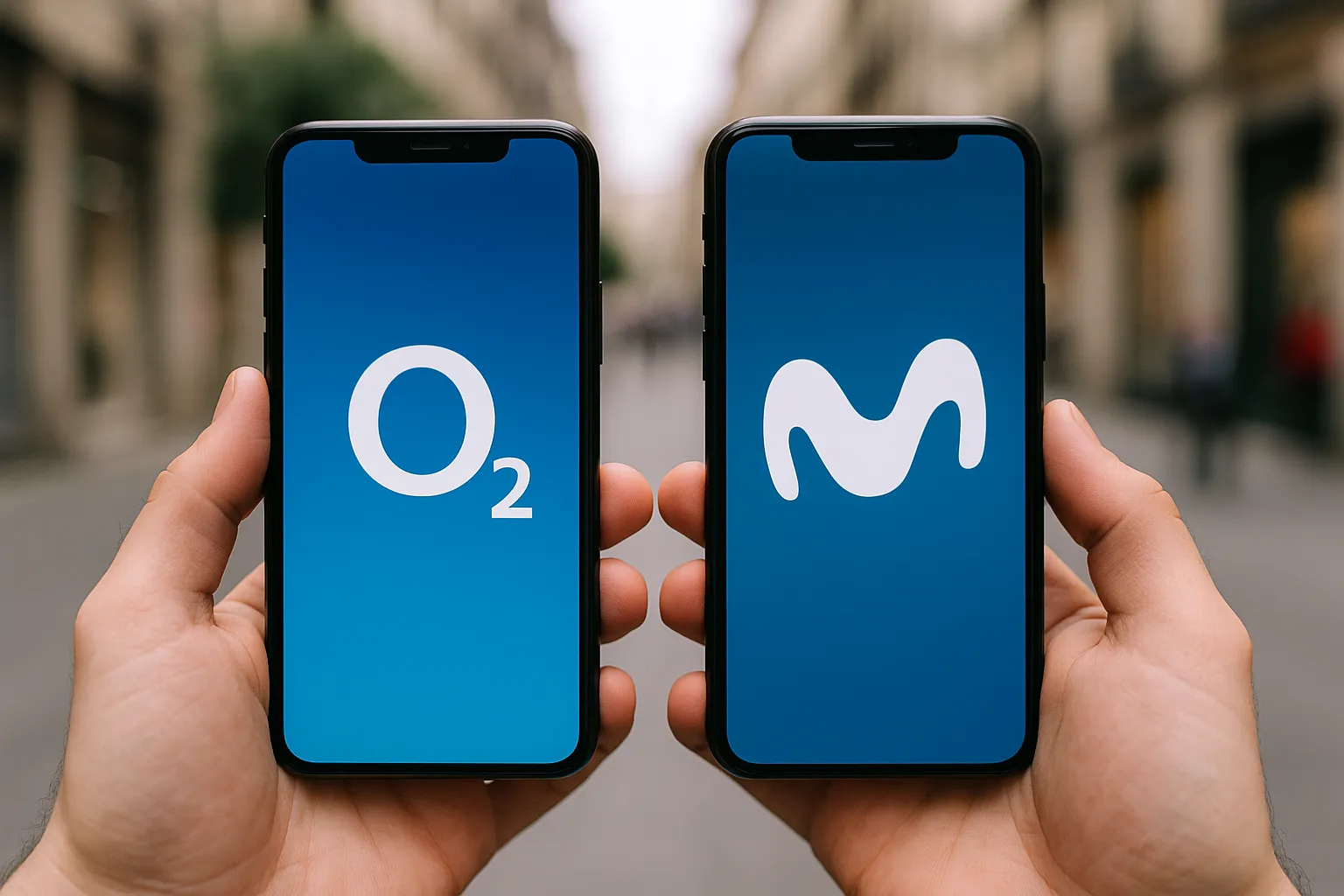 Dos manos sostienen móviles con los logos de O2 y Movistar, destacando su comparación directa como operadores con la misma cobertura.