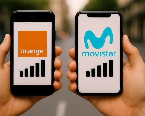 Dos móviles comparando la cobertura de Orange y Movistar con logos reales