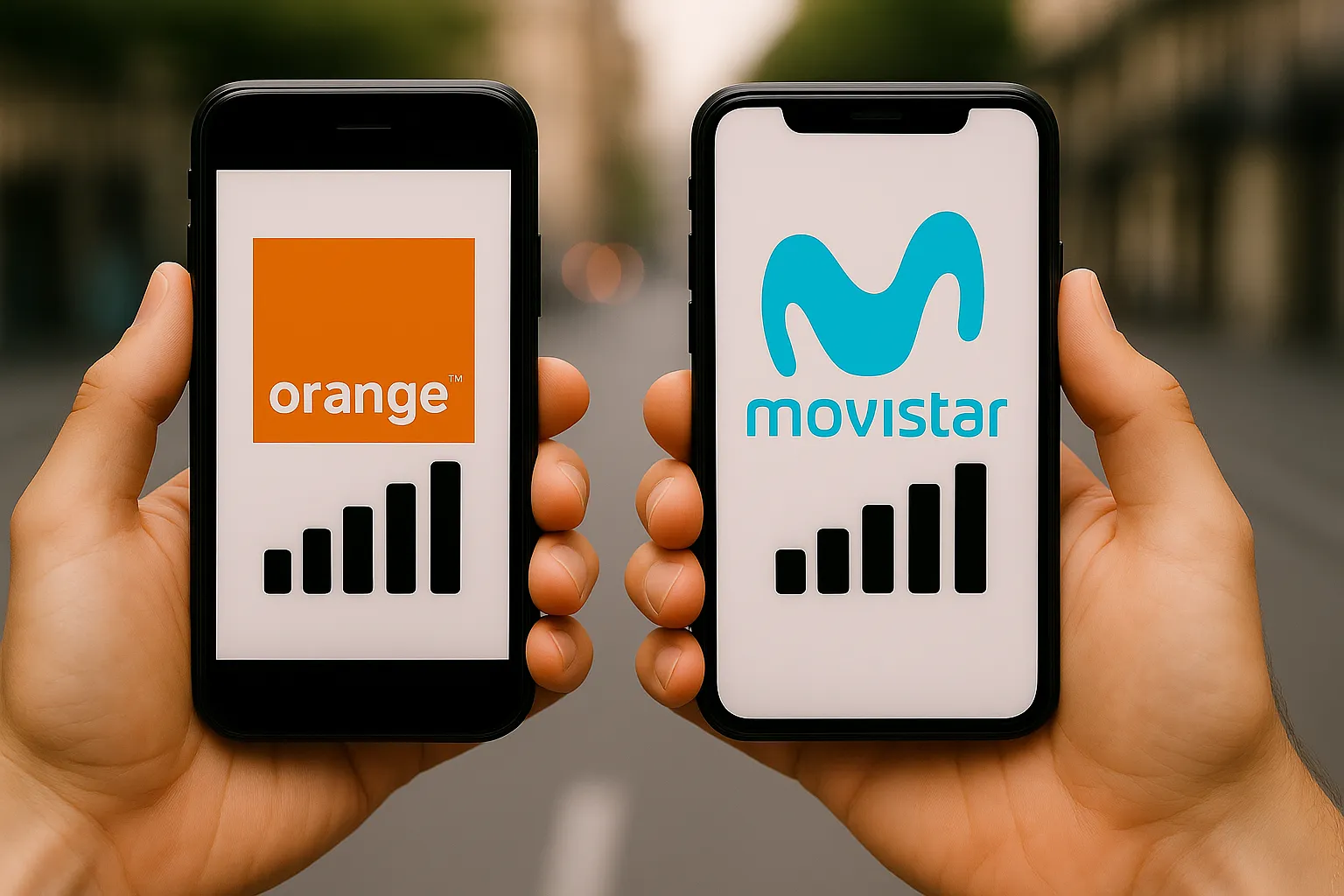 Dos móviles comparando la cobertura de Orange y Movistar con logos reales