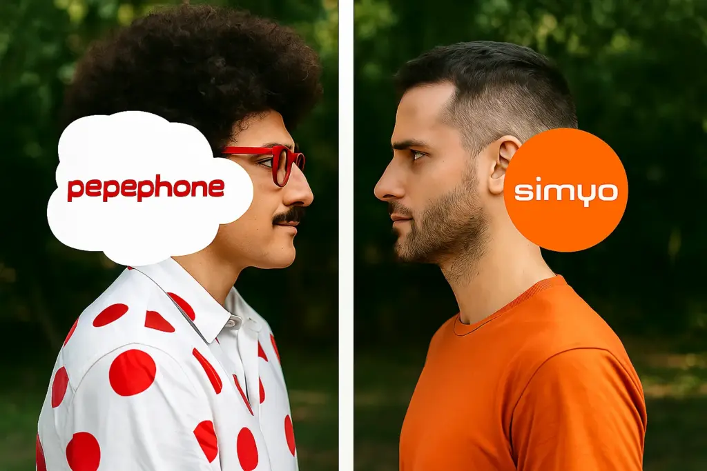 Dos hombres frente a frente con logos de Pepephone y Simyo, simbolizando la comparación entre estos operadores móviles low cost en España.