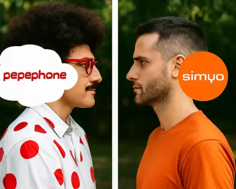 Dos hombres frente a frente con logos de Pepephone y Simyo, simbolizando la comparación entre estos operadores móviles low cost en España.