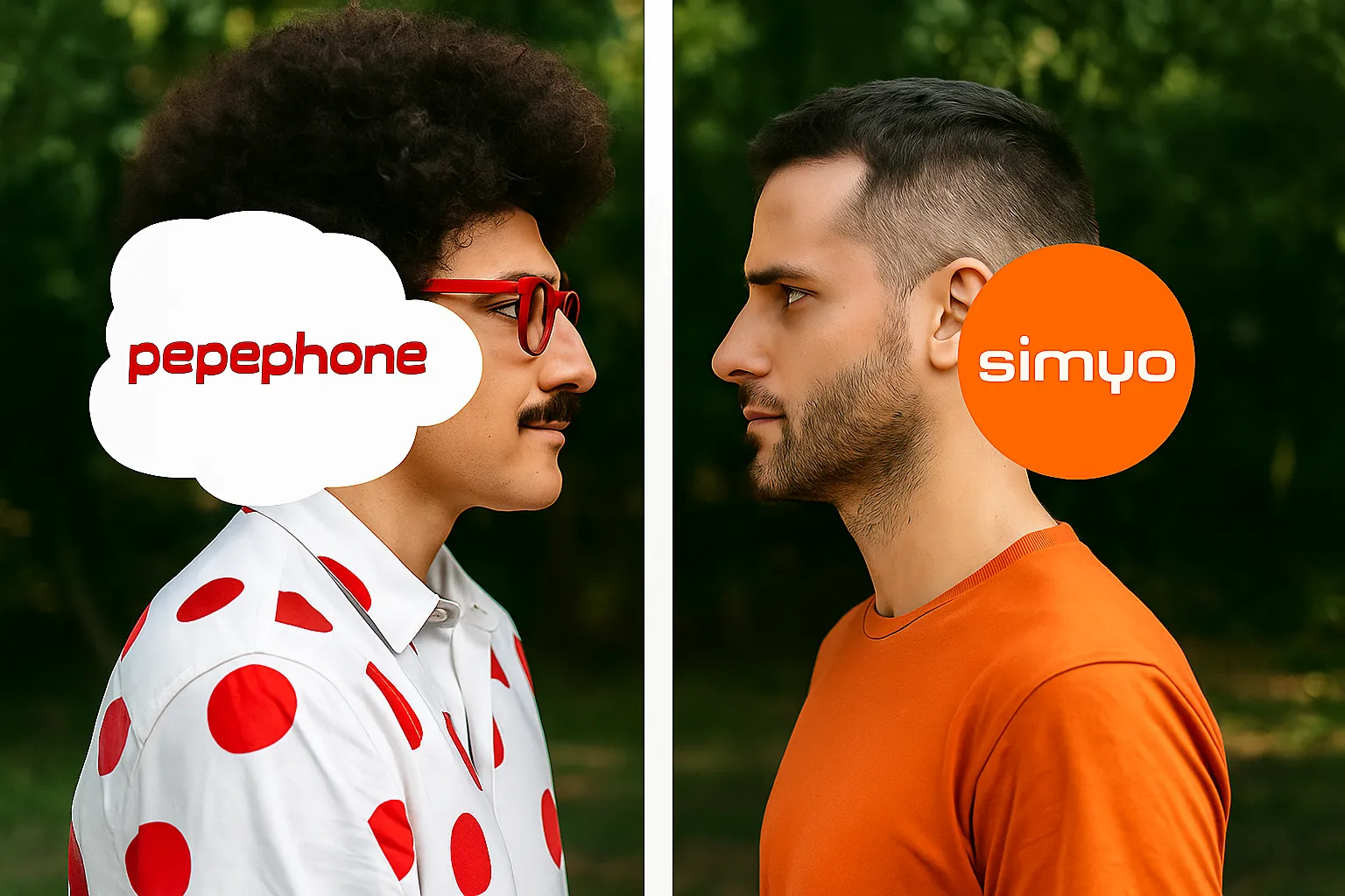 Dos hombres frente a frente con logos de Pepephone y Simyo, simbolizando la comparación entre estos operadores móviles low cost en España.