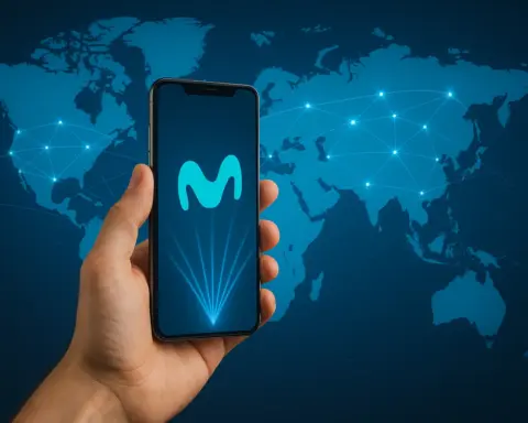 Móvil conectado a un mapa mundial con líneas azules, simbolizando el roaming de Movistar.