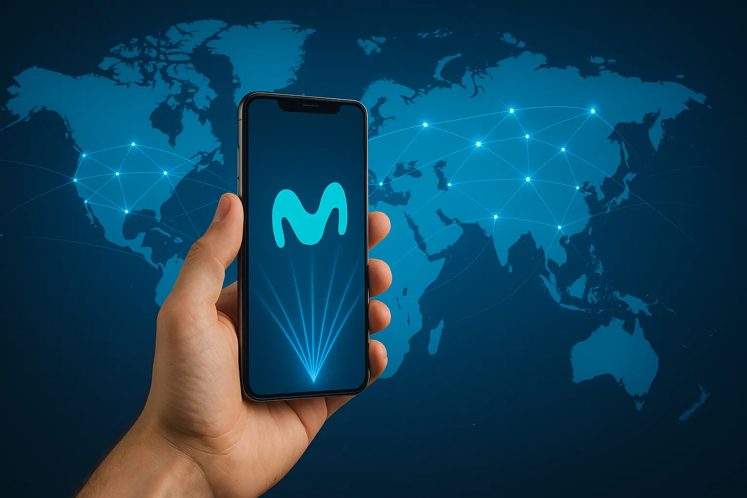 Móvil conectado a un mapa mundial con líneas azules, simbolizando el roaming de Movistar.