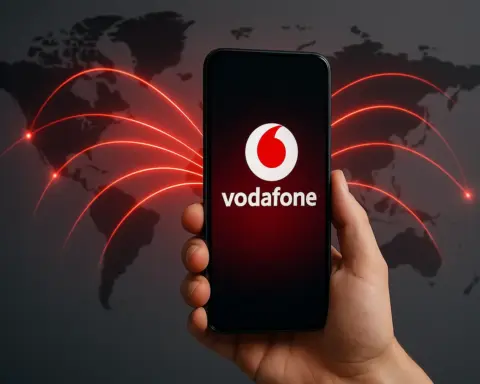 Móvil conectado a un mapa mundial con líneas rojas, simbolizando el roaming de Vodafone.