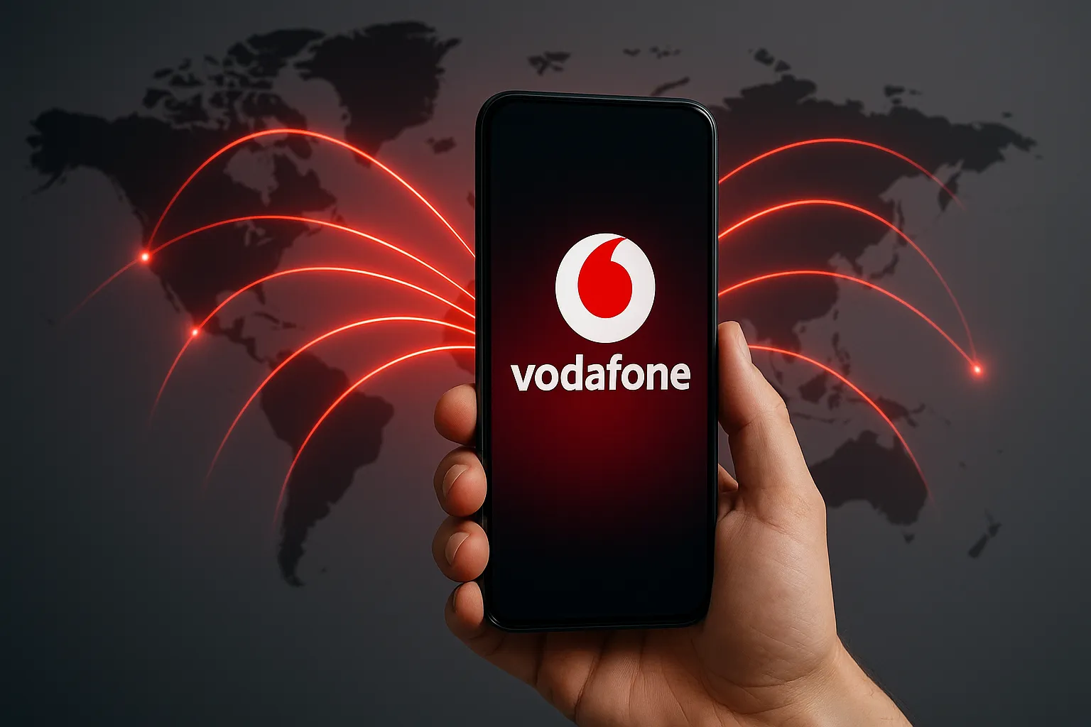 Móvil conectado a un mapa mundial con líneas rojas, simbolizando el roaming de Vodafone.