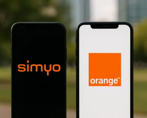 Dos teléfonos muestran los logos de Simyo y Orange, ilustrando su relación como operador low cost y matriz con la misma red de cobertura.