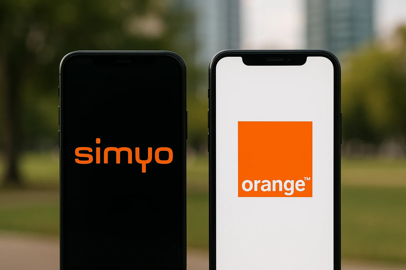Dos teléfonos muestran los logos de Simyo y Orange, ilustrando su relación como operador low cost y matriz con la misma red de cobertura.