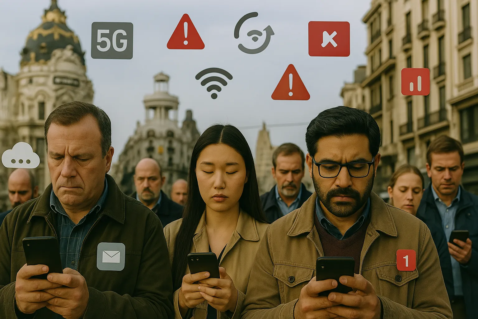 Muchos usuarios haciendo uso de su dispositivo a la vez, representando la saturación de la red.