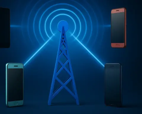 Antena de Movistar (azul) conectándose a varios móviles, simbolizando los OMV con su red.