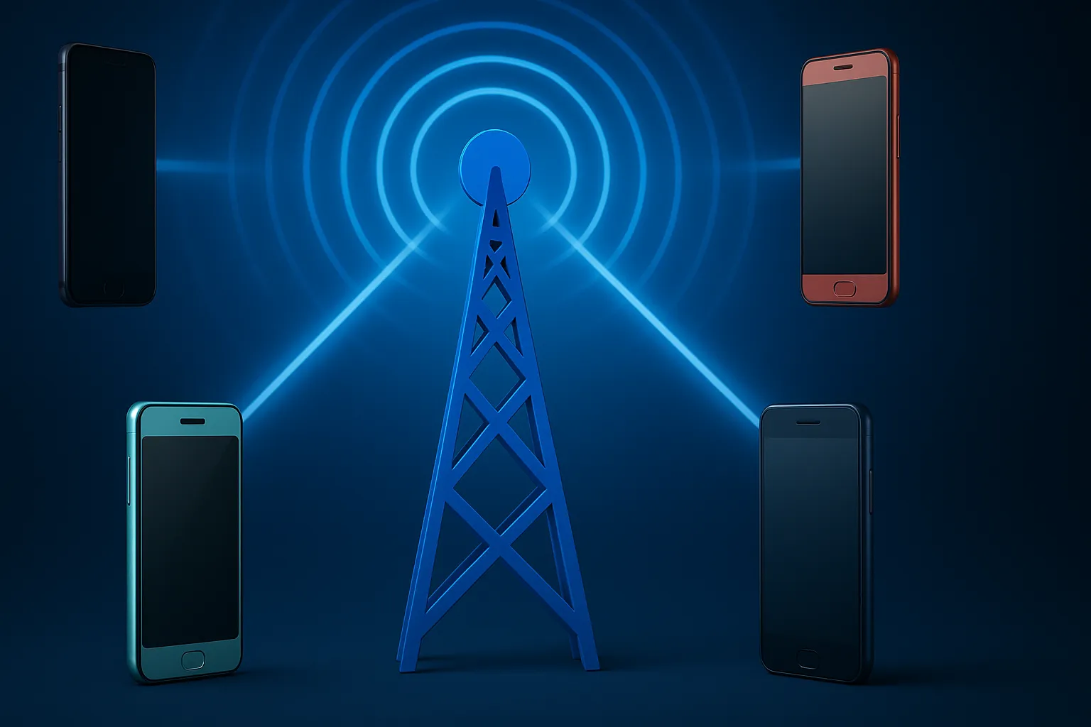 Antena de Movistar (azul) conectándose a varios móviles, simbolizando los OMV con su red.