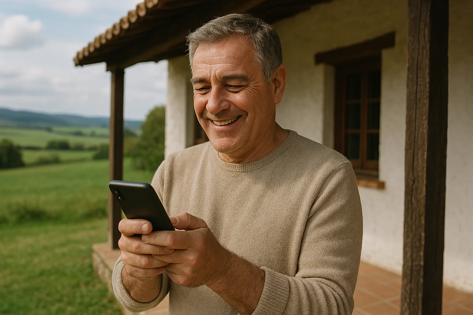 Hombre feliz porque tiene cobertura en su casa del pueblo.