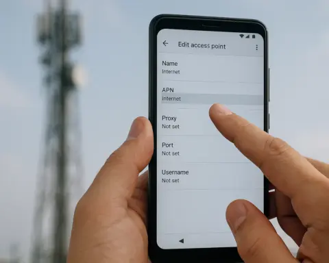 Persona configurando el punto de acceso (APN) en un móvil frente a una antena de telecomunicaciones.