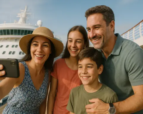 Familia disfrutando de tener cobertura móvil durante un crucero.