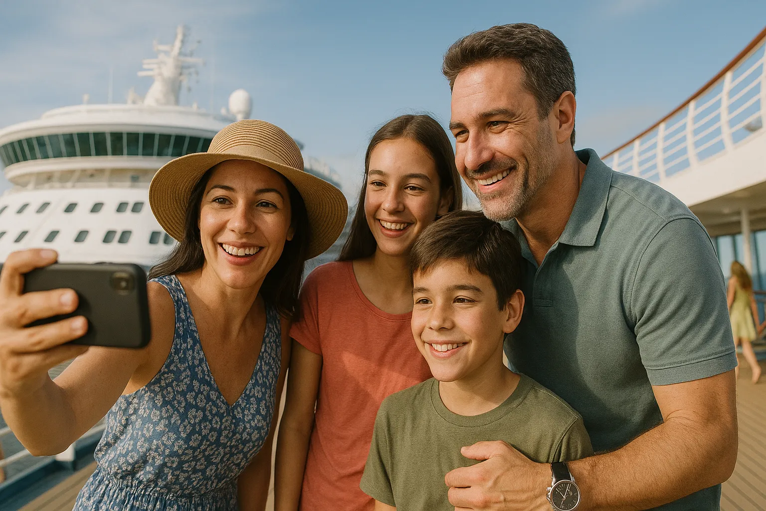 Familia disfrutando de tener cobertura móvil durante un crucero.