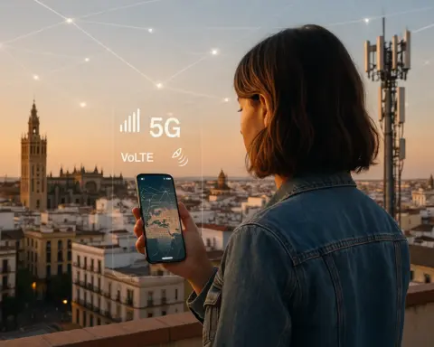 Mujer mira la pantalla de su smartphone, alrededor del cual hay señales de cobertura y red 5G.