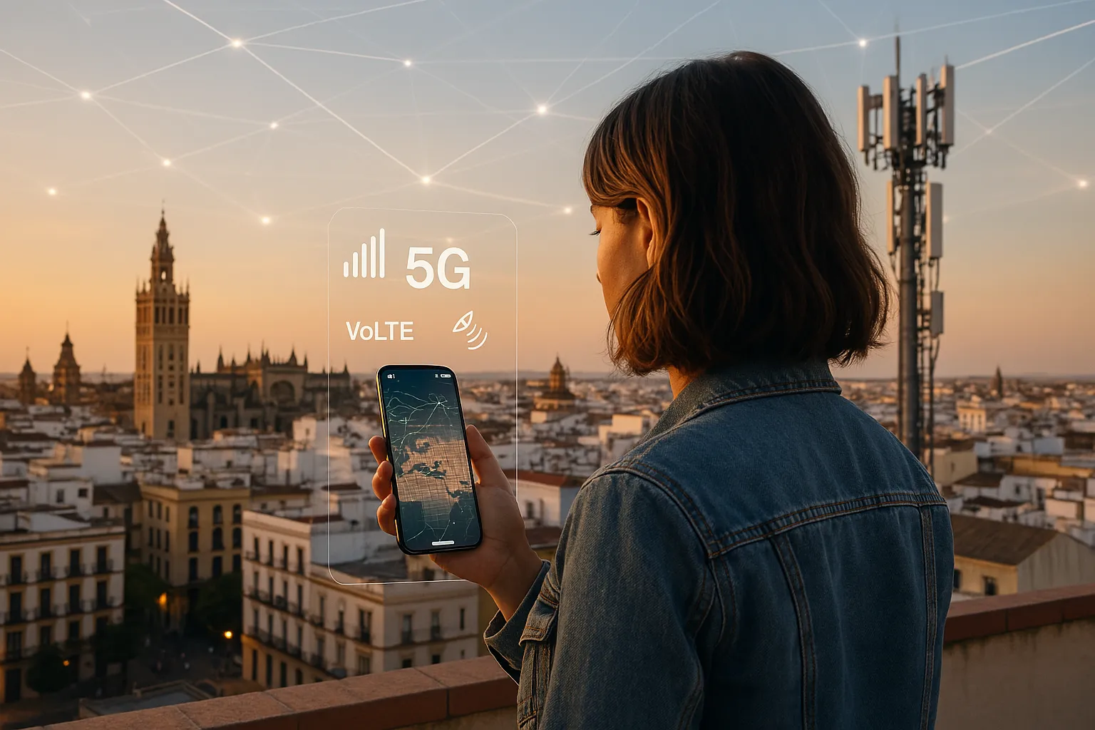 Mujer mira la pantalla de su smartphone, alrededor del cual hay señales de cobertura y red 5G.