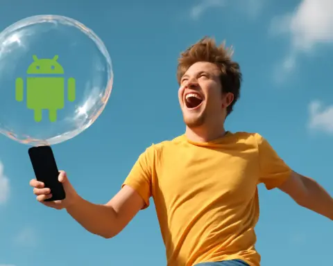 Hombre feliz con cobertura en su móvil Android.