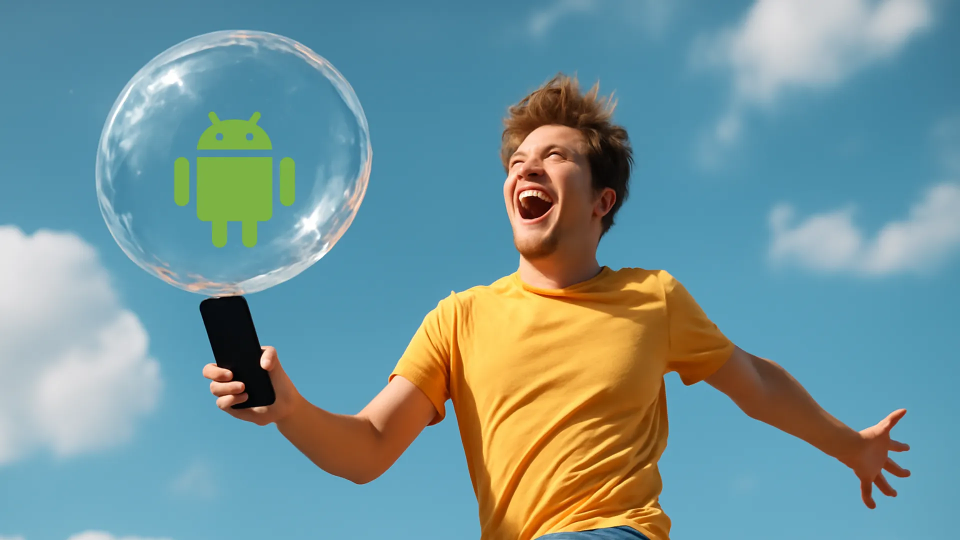 Hombre feliz con cobertura en su móvil Android.