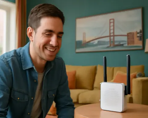 Hombre mirando amplificador de cobertura móvil