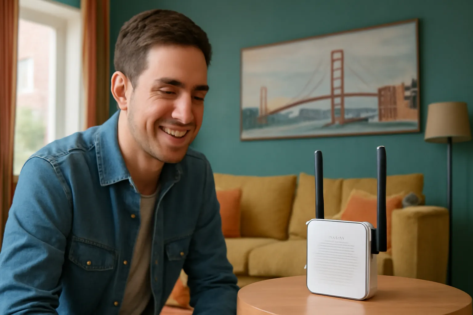 Hombre mirando amplificador de cobertura móvil