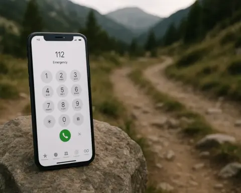 Móvil en una montaña, mostrando la pantalla para realizar una llamada de emergencia al 112.
