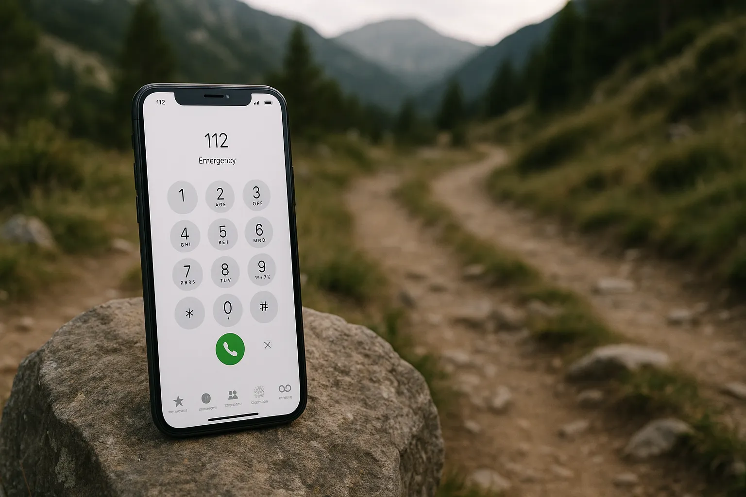 Móvil en una montaña, mostrando la pantalla para realizar una llamada de emergencia al 112.