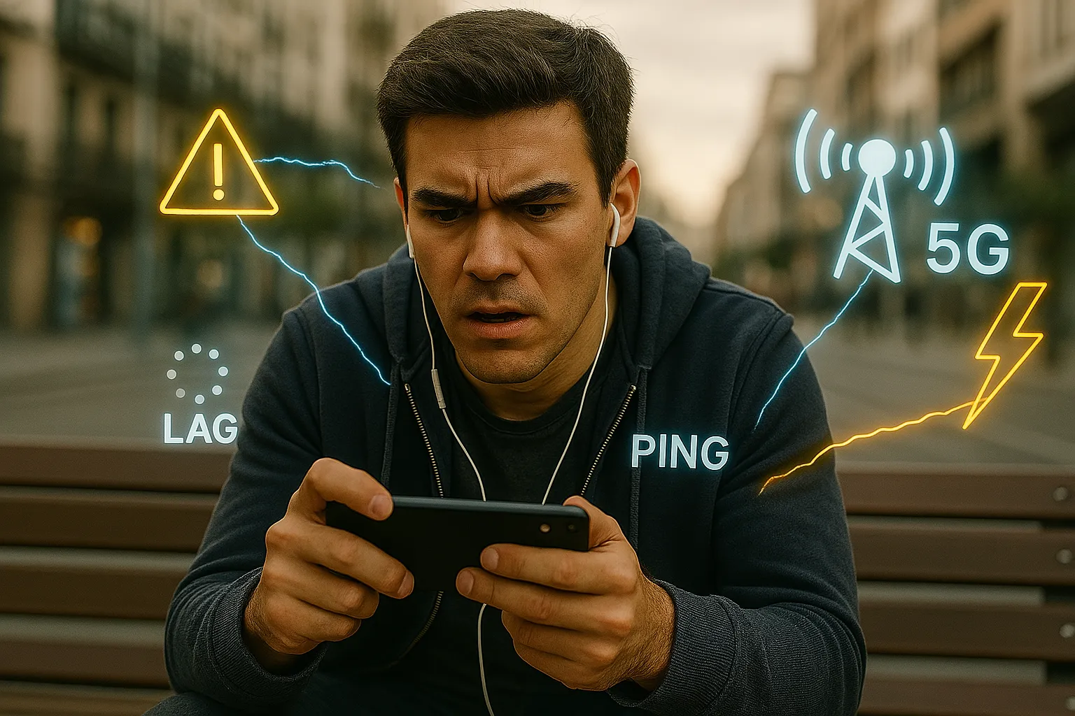 Chico jugando online desde su teléfono móvil.