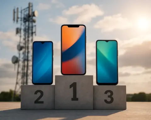 Tres móviles en podio de ganadores con antena de telecomunicaciones al fondo y cielo soleado.