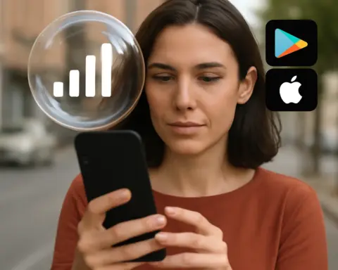 Mujer usando app para medir cobertura móvil