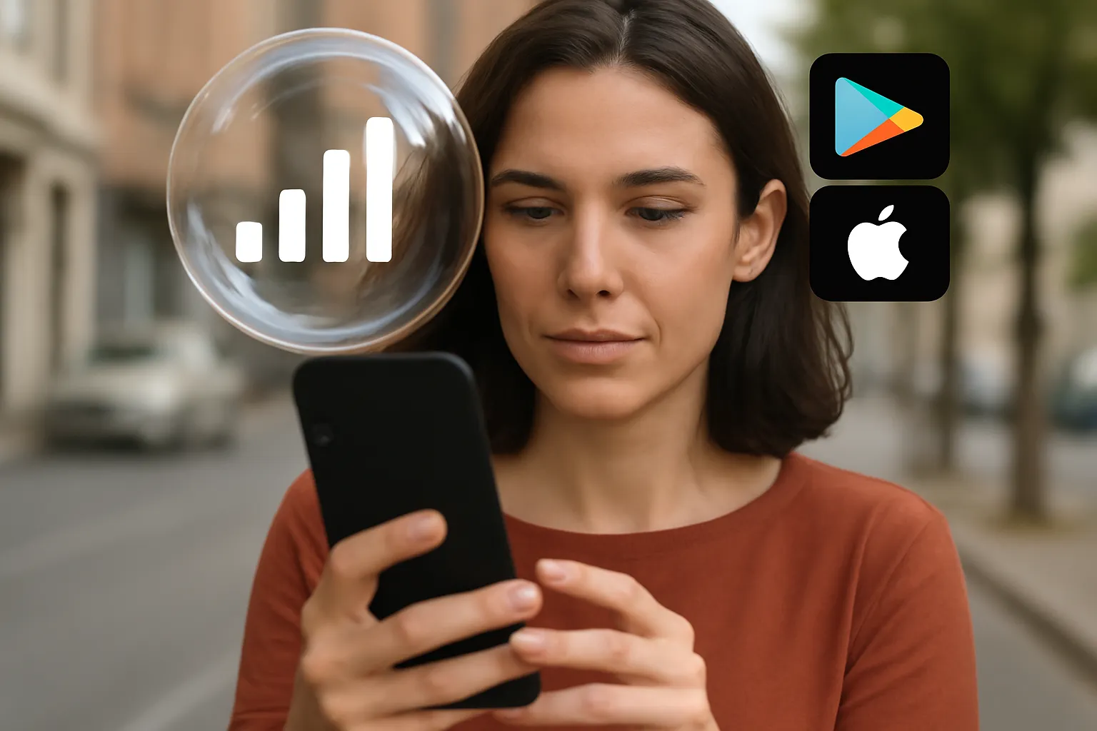 Mujer usando app para medir cobertura móvil