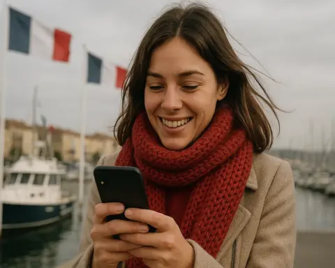 Mujer disfruta de la mejor cobertura móvil en Francia.