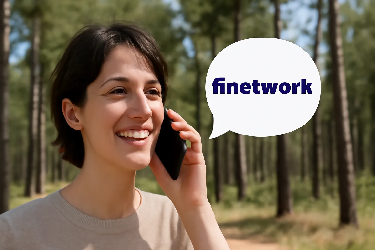 Mujer en el bosque usando cobertura de Finetwork