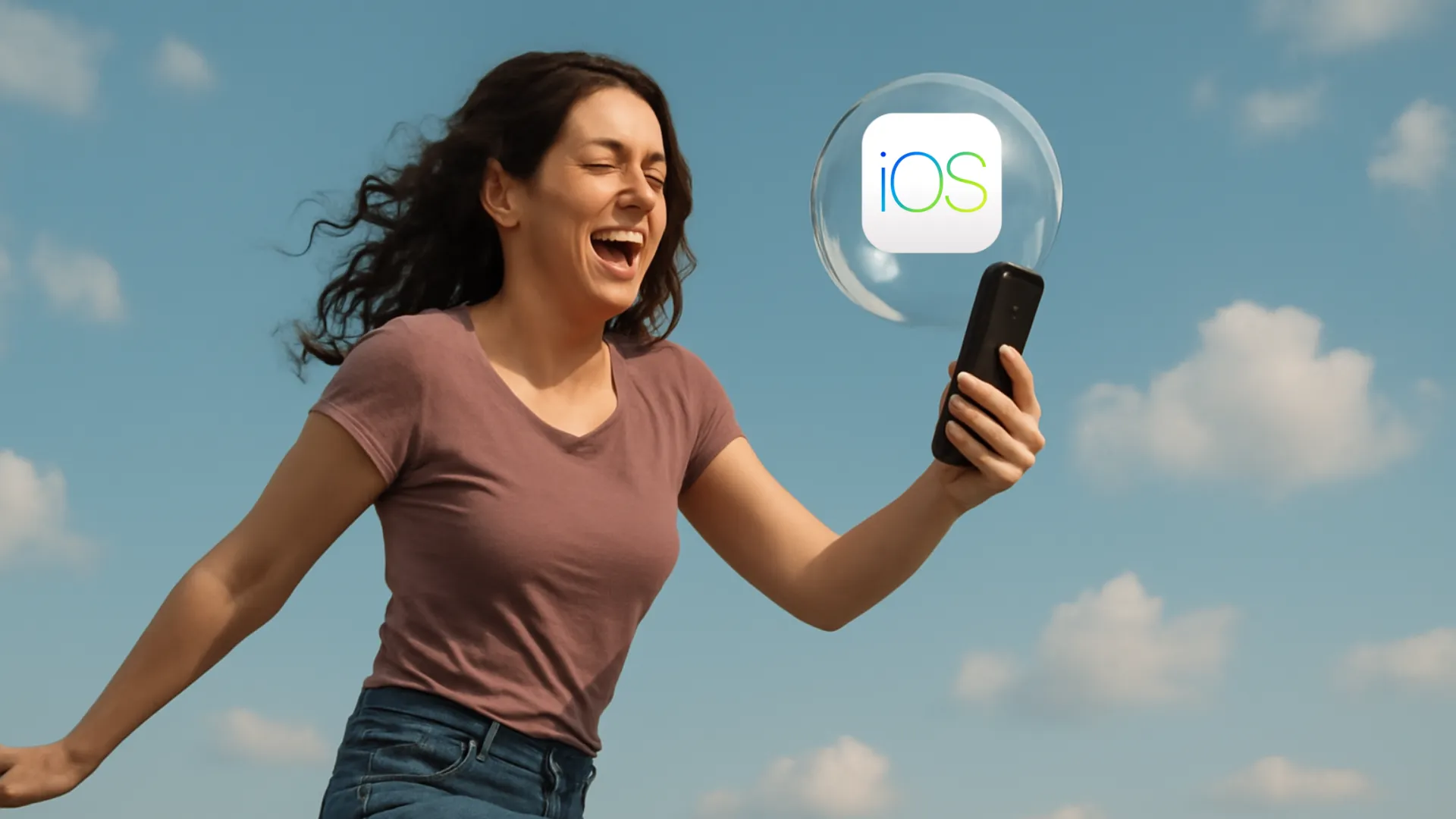 Mujer feliz con cobertura en su iPhone