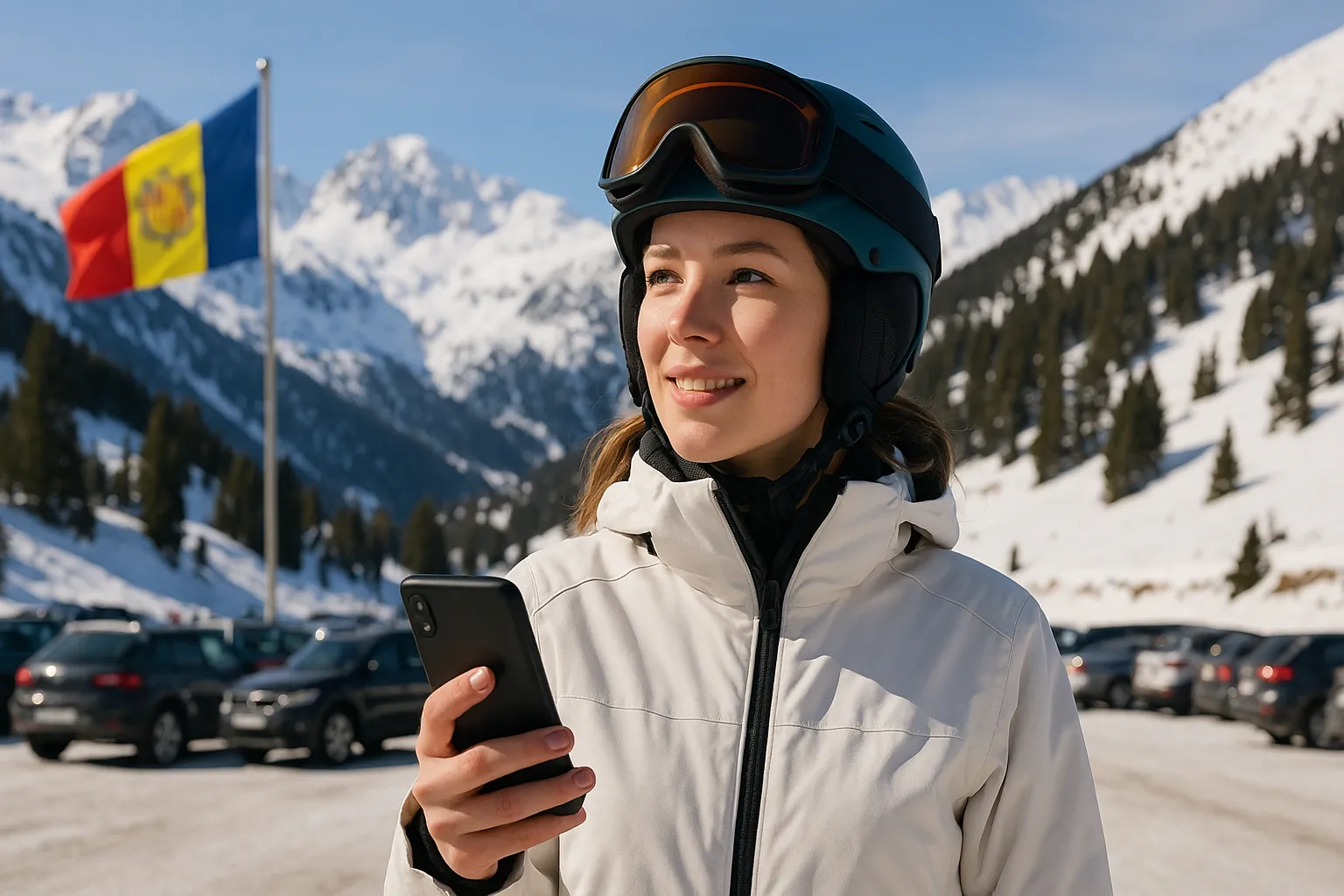Chica usando el móvil porque tiene cobertura en Andorra.
