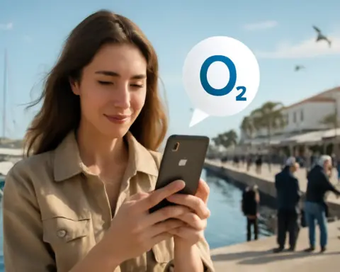 Mujer usando cobertura O2 en el puerto.