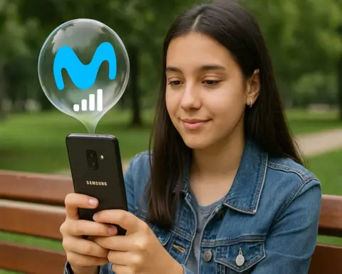 Niña con cobertura Movistar en el smartphone