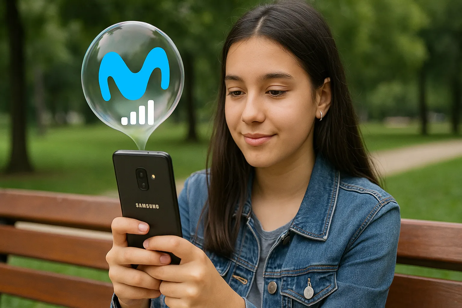 Niña con cobertura Movistar en el smartphone