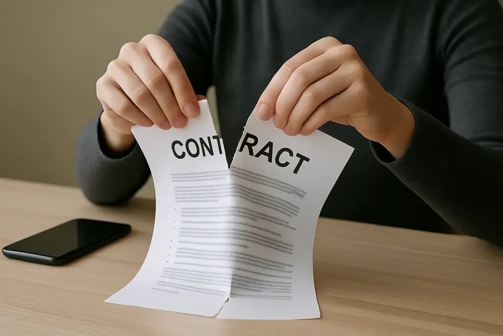 Persona rompiendo un contrato en una mesa de madera, con un móvil negro al lado, simbolizando la cancelación de un servicio telefónico.