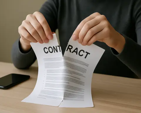 Persona rompiendo un contrato en una mesa de madera, con un móvil negro al lado, simbolizando la cancelación de un servicio telefónico.