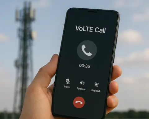 Persona sosteniendo un móvil durante una llamada VoLTE, con torre de telecomunicaciones desenfocada al fondo bajo un cielo parcialmente nublado.