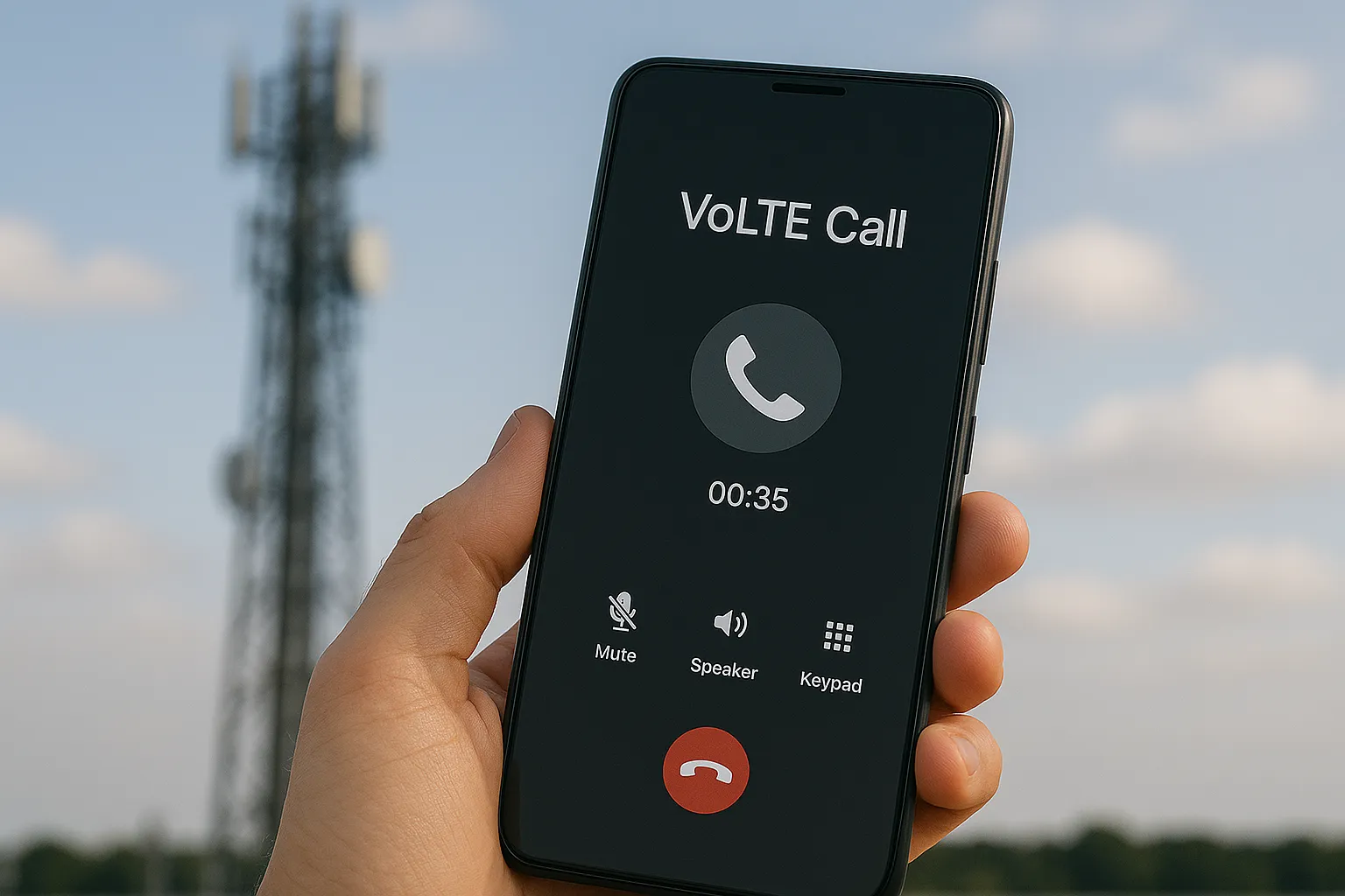 Persona sosteniendo un móvil durante una llamada VoLTE, con torre de telecomunicaciones desenfocada al fondo bajo un cielo parcialmente nublado.
