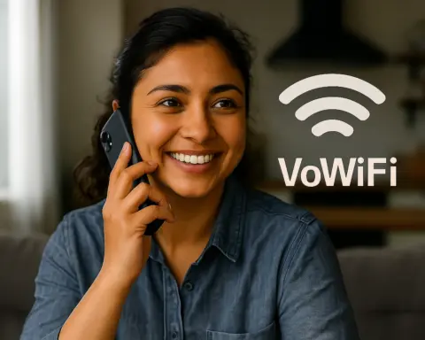 Mujer sonriente hablando por teléfono en casa, con icono de señal WiFi y texto VoWiFi sobreimpreso en la imagen.