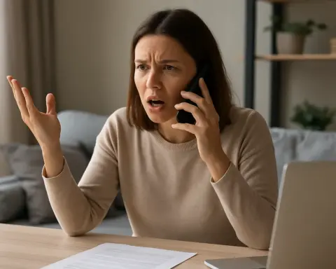 Mujer molesta hablando por teléfono en casa, con gesto de frustración y papeles sobre la mesa frente a un portátil.