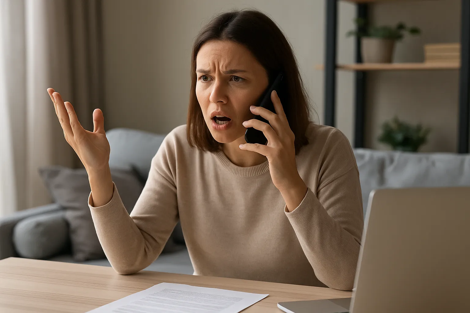 Mujer molesta hablando por teléfono en casa, con gesto de frustración y papeles sobre la mesa frente a un portátil.