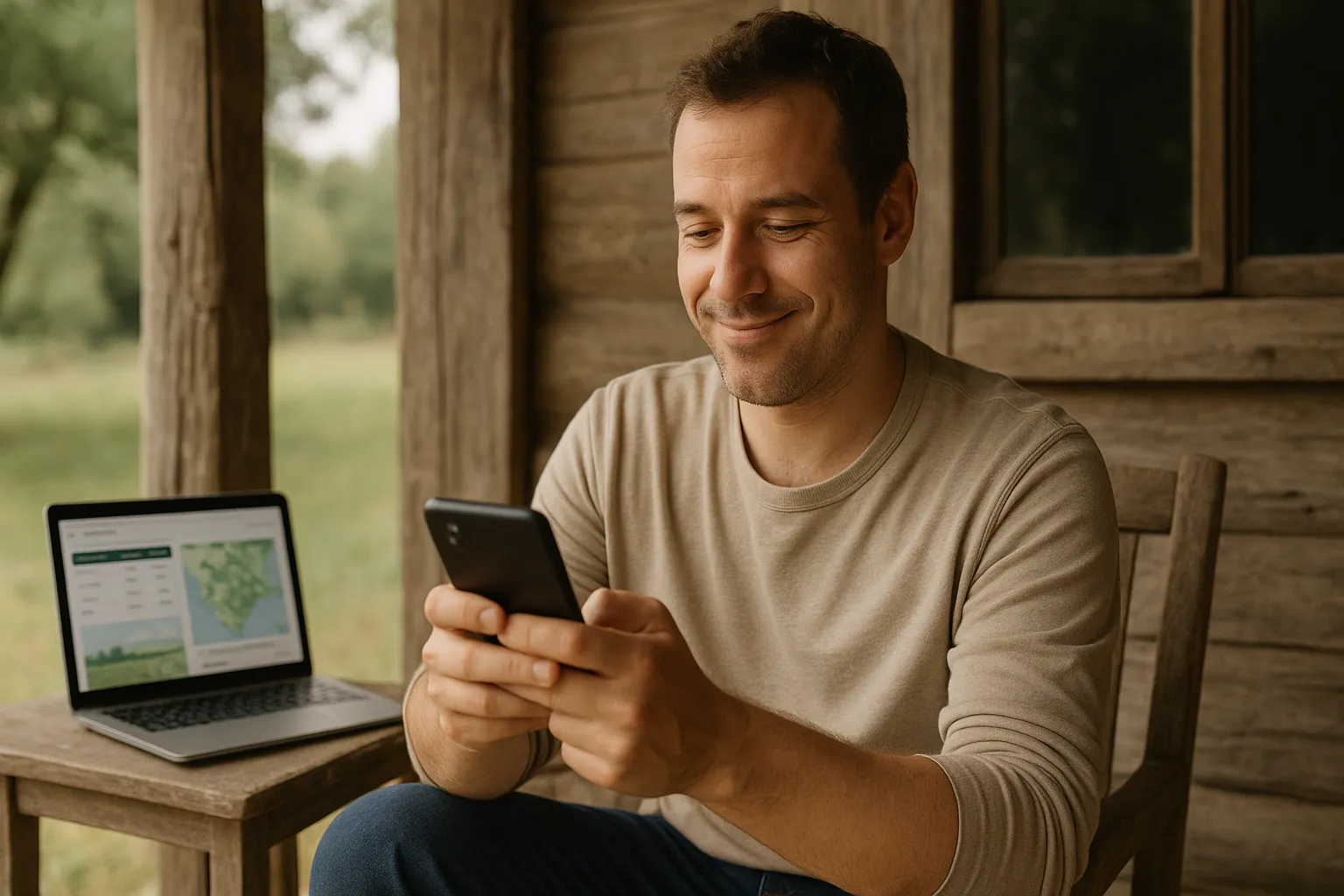 Hombre feliz porque ha encontrado el OMV con mejor cobertura para la zona en la que vive.